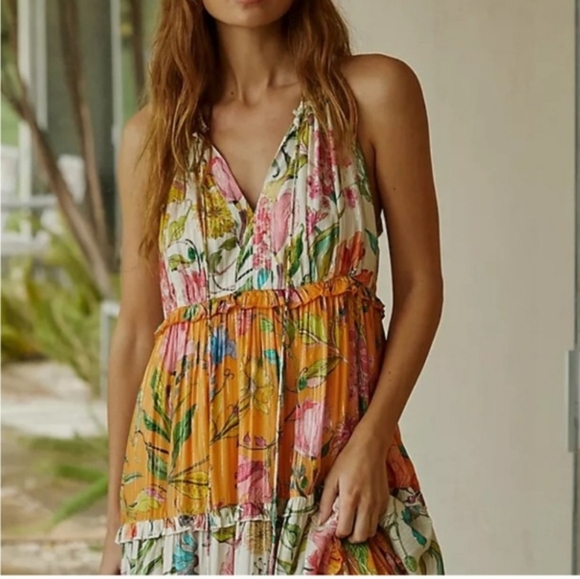 PQ Swim x Anthropologie Floral Ruffle Tiered Maxi Dress Orange M/L - Picture 12 of 14